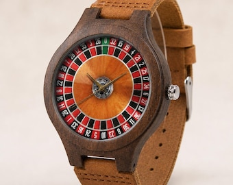 Roulette Wheel Wooden Watch, Casino Dial Leather Wristwatch Gift