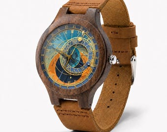 Reloj astronómico de madera de Praga, esfera con diseño del zodíaco celestial, ideal como regalo.