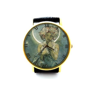 La Luna Leather Watch, Moon Goddess Ladies Watch, Mucha art Watch, Unisex Watch, Moon Goddess Jewelry, Vintage Style Jewelry