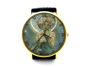 Relógio de couro La Luna, relógio feminino Moon Goddess, relógio Mucha Art, relógio unissex, joias Moon Goddess, joias estilo vintage