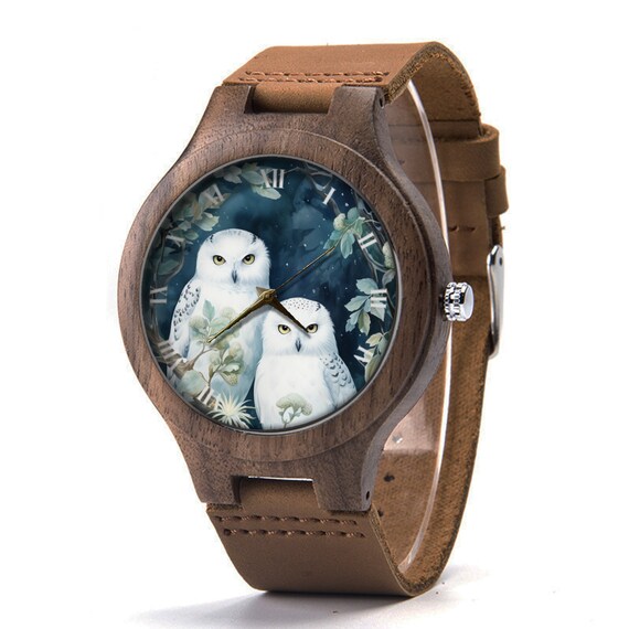 Snow White Owls Leather Wood Watch, Cute Owl Wood Watch, Man 