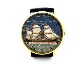 Orologio in pelle con barca a vela, orologio nautico in pelle, orologio da donna, orologio da uomo, gioielli con barca a vela