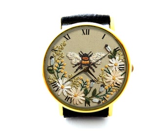 Embroidery Effect Print Honey Bee Leather Watch, Honey Bee Unisex Watch, Personalized Watch, Not Real Embroidery, It's Flat Printing