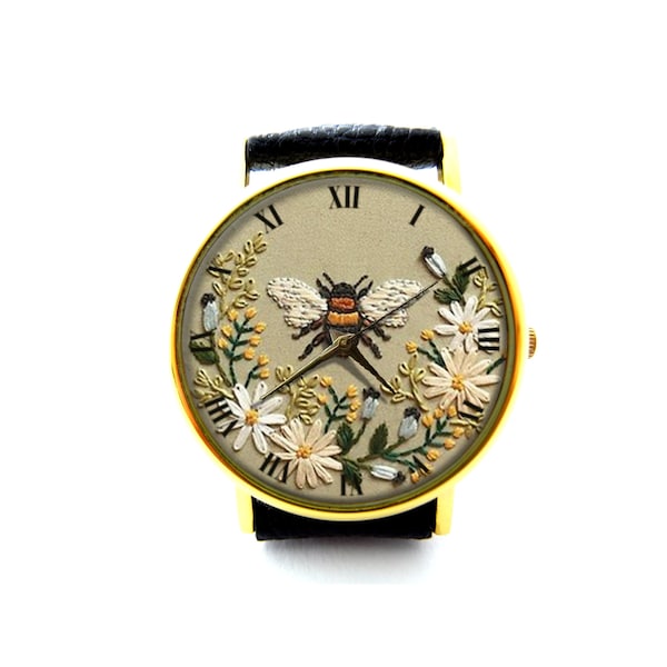 Embroidery Effect Print Honey Bee Leather Watch, Honey Bee Unisex Watch, Personalized Watch, Not Real Embroidery, It's Flat Printing