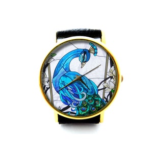 Blue Peacock Leather Watch, Bird Leather Watch, Peacock Watch, Unisex Watch, Ladies Watch, Mens Watch, Peacock Jewelry