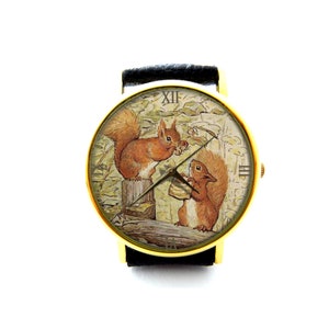 Tale of Squirrel Nutkin Art Leather Watch, Squirrel Ladies Watch, Unisex Watch, Squirrel Jewellery