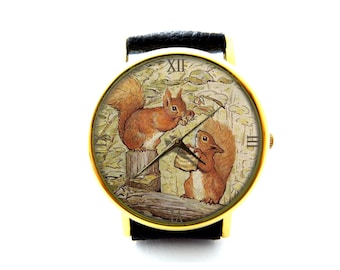 Tale of Squirrel Nutkin Art Leather Watch, Squirrel Ladies Watch, Unisex Watch, Squirrel Jewellery