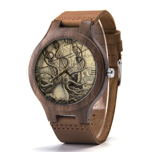 Vintage Kraken Octopus Illustration Leather Watch, Sea Monster Wood Watch, Octopus Watch, Man Size Watch, Vintage Octopus Jewelry