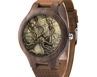 Vintage Kraken Octopus Illustration Leather Watch, Sea Monster Wood Watch, Octopus Watch, Man Size Watch, Vintage Octopus Jewelry