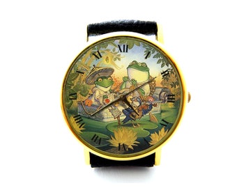 Frog River Cruise Leather Watch, Frog Boat Trip Ladies Watch, Unisex Watch, Funny Frog Jewelry