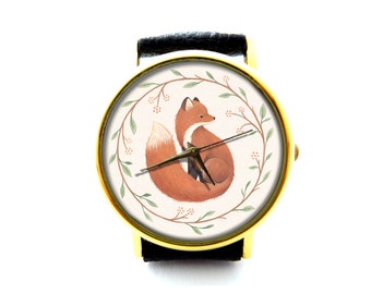 Vintage Fox Leather Watch, Cute Fox Ladies Watch, Unisex Watch, Fox Jewellery