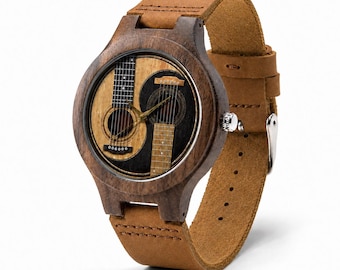 Guitar Wooden Leather Watch, Music Lover Gift, Acoustic Guitar Dial Wristwatch