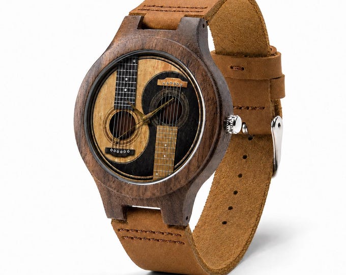 Guitar Wooden Leather Watch, Music Lover Gift, Acoustic Guitar Dial Wristwatch