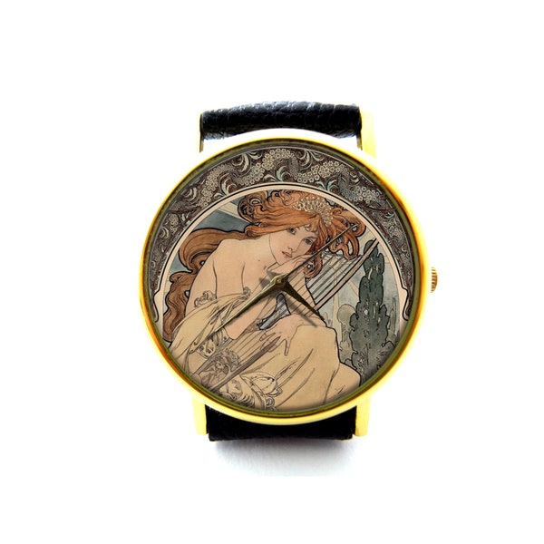 Art Nouveau Mucha Cuir Montre, Inspiration Art Ladies Watch, Montre Unisexe, Alphonse Mucha Bijoux