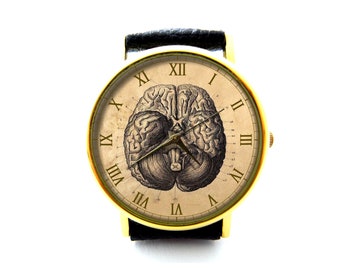 Reloj de cuero vintage brain, reloj cerebral, reloj de anatomía vintage, reloj para damas, reloj para hombres, reloj cerebro humano, joyería cerebral