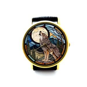 Wolf and Moon Leather Watch, Wolf Wrist Watch, Unisex Watch, Ladies Watch, Mens Watch, Personalized Watch, Wolf Jewelry