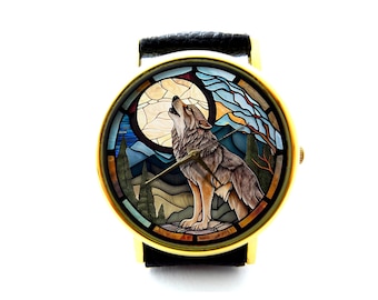Wolf and Moon Leather Watch, Wolf Wrist Watch, Unisex Watch, Ladies Watch, Mens Watch, Personalized Watch, Wolf Jewelry