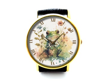 Cute Frog Leather Watch, Frog Flower Watch, Unisex Watch, Funny Frog Jewellery