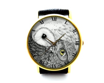 Owl Yin Yang Balance Leather Watch, Zen Buddhist Watch, Gift Ideas, Birthday Gift, Yin Yang Jewelry