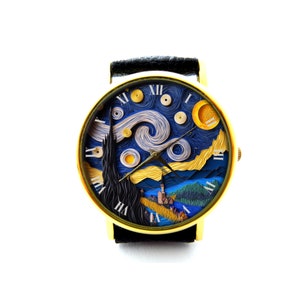 Paper Quilling Effect Print Van Gogh The Starry Night Leather Watch, Van Gogh night sky Watch, Not Real Paper Quilling, It&#39;s Flat Printing