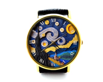 Paper Quilling Effect Print Van Gogh The Starry Night Leather Watch, Van Gogh night sky Watch, Not Real Paper Quilling, It's Flat Printing