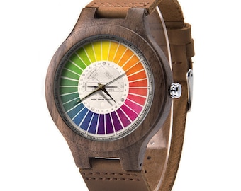 Vintage Color Wheel Wood Leather Watch, Color Wheel Wood Watch, Man Size Watch, Color Wheel Jewelry