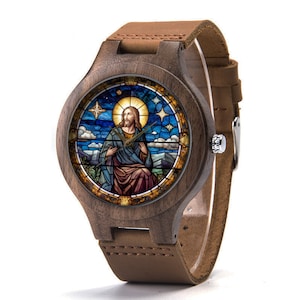 Jesus Stained Glass Wood Leather Watch, Religious Wood Watch, Jesus Watch, Man Size Watch, Jesus Jewelry