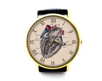 Heart Diagram Leather Watch, Anatomy Watch, Gift Ideas, Birthday Gift, Heart Jewelry