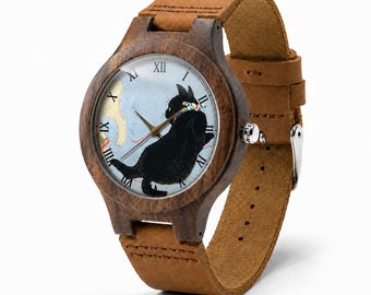 Reloj de madera con forma de gato negro, reloj de pulsera vintage con números romanos y correa de cuero. Regalo ideal.