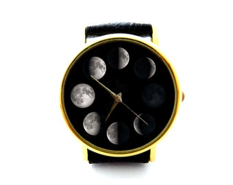 Reloj de cuero de la fase de la luna, reloj unisex, reloj de las damas, reloj de los hombres, reloj personalizado