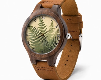 Fern Leaf Wooden Watch, Botanical Nature Leather Wristwatch, Vintage Forest Plant Art