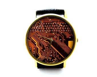 Circuit Board Leather Watch, Unisex Watch, Ladies Watch, Mens Watch, Circuit Board Jewelry, Pattern 3