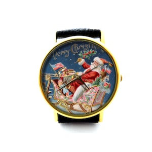 Vintage Christmas Leather Watch, Christmas Watch, Santa Claus Watch, Unisex Watch, Christmas Jewelry, Christmas Gift, Holiday Gift