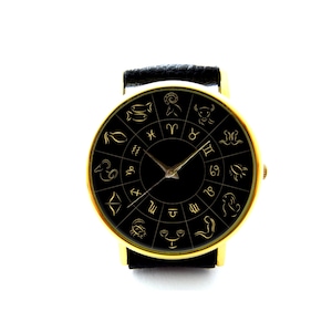 Horoscope Wheel Of Zodiac Signs Leather Watch, Zodiac Signs Ladies Watch, Unisex Watch, Zodiac Signs Jewellery