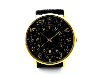 Horóscopo Rueda del Zodíaco signos reloj de cuero, signos del zodíaco reloj de las señoras, reloj unisex, joyería de signos del zodíaco