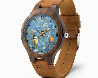 Montre en bois de fleur d'oiseau, montre-bracelet en cuir d'art d'oiseau de nature vintage