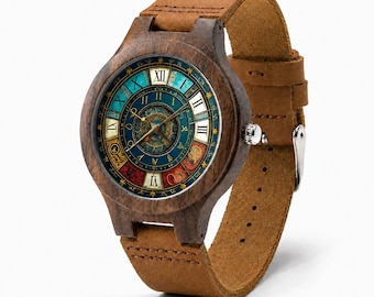 Astrology Wooden Watch, Celestial Roman Numeral Dial, Leather Strap Gift