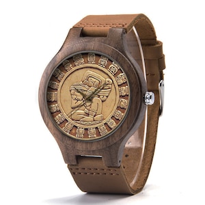 Mayan Calendar Leather Wood Watch, Mayan Art, Ancient Art Wood Watch, Man Size Watch, Mayan Jewelry