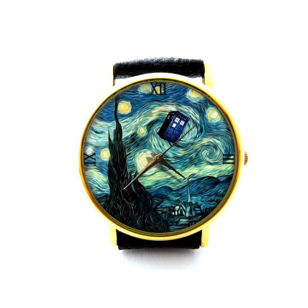 Dr Who Starry Night Leather Watch, Vincent and the Doctor Dr Who Ladies Watch, Unisex Watch, Tardis Jewelry, Tardis Watch