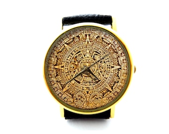 Mayan Calendar Aztec Occult Leather Watch, Mayan Art, Ancient Art Watch, Ancient Aztecs Unisex Watch, Ladies Watch, Men Watch, Mayan Jewelry