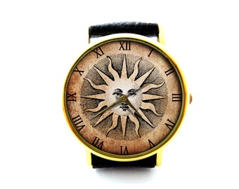 Sun Leather Watch, Wisdom Circles Leather Watch, Art Leather Watch, Unisex Watch, Ladies Watch, Mens Watch, Sun Jewelry