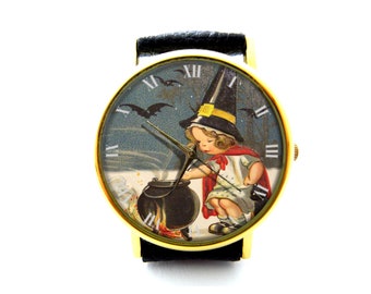 Little Witch Leather Watch, Little Witch Halloween Ladies Watch, Witch Watch, Unisex Watch, Halloween Jewelry, Vintage Style Jewelry