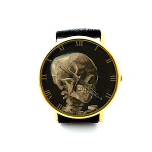 Van Gogh Skeleton Leather Watch, Van Gogh Art Watch, Skull With A Burning Cigarette Watch, Van Gogh Art Jewelry