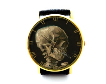 Van Gogh Skeleton Leather Watch, Van Gogh Art Watch, Skull With A Burning Cigarette Watch, Van Gogh Art Jewelry