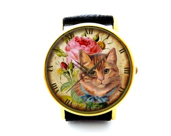 Aged Ephemera Cat Leather Watch, Aged Ephemera Watch, Cat Watch, Unisex Watch, Ladies Watch, Mens Watch, Cat Jewelry