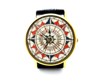 Compass Leather Watch, Vintage Compass Watch, Antique Compass Watch, Compass Watch, Ladies Mens Watch, Compass Jewelry, Pattern 4