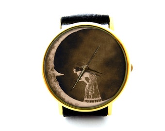 Woman On The Moon Leather Watch, Shannon Stamey Art Ladies Watch, Crescent Moon Watch, Unisex Watch, Moon Jewelry, Vintage Style Jewelry