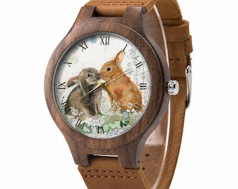 Reloj de madera Bunny Love, esfera de conejo en acuarela, regalo de animales estilo cottagecore