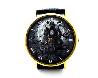Scary House Leather Watch, Horror House Watch, Bat Moon Watch, Unisex Watch, Scary Jewelry