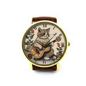 Cute Cat Playing Guitar Leather Watch, Cat Music Ladies Watch, Unisex Watch, Funny Cat Jewellery zdjęcie 3